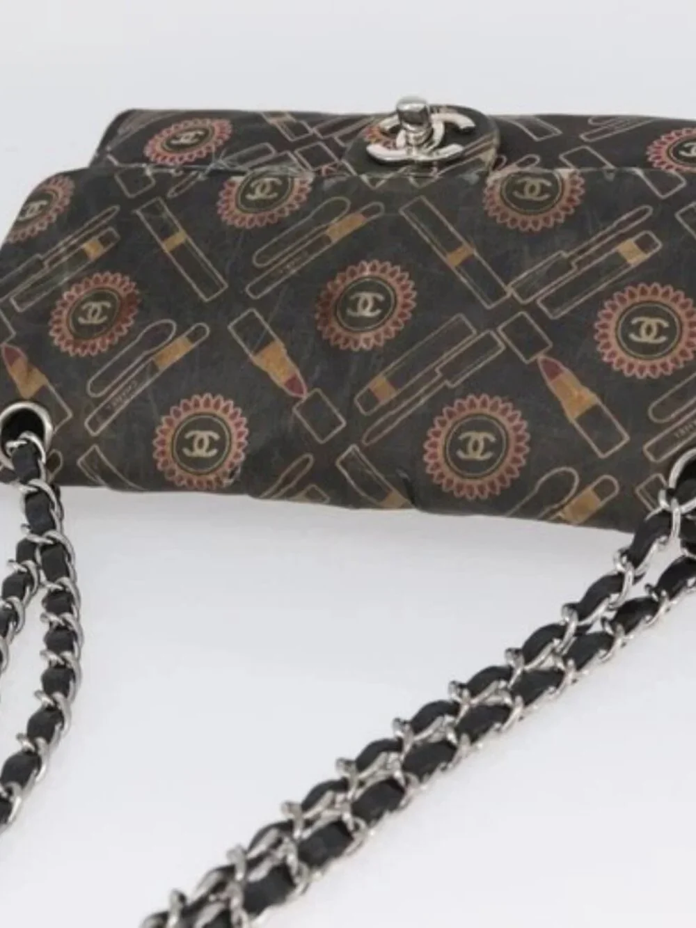CHANEL Chain Shoulder Bag Satin Black Silver CC Auth ARZ448A